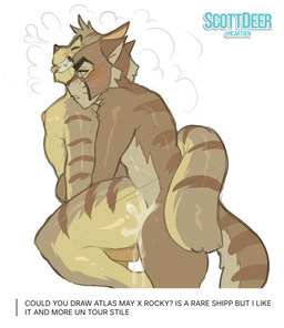 anthro arms_around_waist blush blush_lines bodily_fluids brown_body brown_fur butt cum cum_drip cum_in_ass cum_inside cum_on_butt cum_on_leg dripping duo ears_back from_behind_position fur furniture genital_fluids grey_body grey_fur male male/male male_penetrated male_penetrating male_penetrating_male markings multicolored_body multicolored_fur nude penetration pivoted_ears sex simple_background stool striped_markings striped_tail stripes tail tail_coil tail_markings text white_background yellow_sclera scottdeer lackadaisy atlas_may rocky_rickaby domestic_cat felid feline felis mammal tabby_cat english_text hi_res watermark