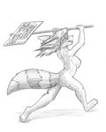 anthro breasts featureless_breasts female fur hair holding_object holding_sign markings nude ring_(marking) ringed_tail running sign solo striped_markings striped_tail stripes tail tail_markings text flinters tracy_(sailoranna) mammal procyonid raccoon 4:5 english_text hi_res monochrome