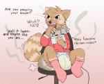 anthro bodily_fluids clothing diaper feces female genital_fluids scatplay soiled_diaper soiling solo text unclean_diaper urine used_diaper wet_diaper wetting messyszop mammal procyonid raccoon english_text hi_res