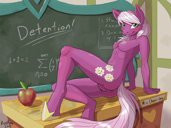 anthro anthrofied anus apple biped blush breasts butt classroom cutie_mark desk female food fruit furniture genitals green_eyes hair hooves inside long_hair looking_at_viewer nipples nude pink_body pink_hair pink_skin plant school sitting smile solo table unprofessional_behavior vulva pusspuss friendship_is_magic hasbro my_little_pony cheerilee_(mlp) earth_pony equid equine horse mammal pony 2014 4:3