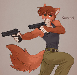 2014 amber_eyes anthro cat clothing dual_wielding feline fur gun hair iskra konrad_zengel male mammal pants pistol ranged_weapon red_body red_fur red_hair shirt smile solo tank_top text toned weapon
Rating: Safe
Score: 13
User: Numeroth
Date: March 19, 2014