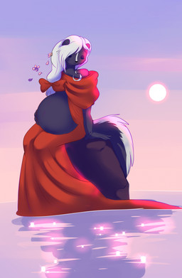 4_fingers anthro belly bent_legs big_belly black_body black_fur black_nose black_tail blue_sky closed_smile clothed clothed_anthro clothed_female clothing detailed_background dress eyelashes eyes_closed facial_markings female fingers flower fluffy fluffy_tail fur hair hand_on_own_belly head_markings light long_hair markings mouth_closed multicolored_body multicolored_fur on_rock outside petals pink_flower plant pregnant pregnant_anthro pregnant_female red_clothing red_dress red_hair_bow rock sitting sitting_on_rock sky smile solo sparkles sun tail thin_eyebrows two_tone_body two_tone_fur two_tone_tail water white_hair white_markings white_tail black_kitty eternal_forwardness ashe_grewirt mammal mephitid skunk 2025 colored digital_drawing_(artwork) digital_media_(artwork) english_description hi_res lighting shaded