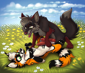 animal_genitalia animal_penis balls canine_genitalia canine_penis duo erection eye_contact feral feral_on_feral flower frottage fur genitals grass hair half-closed_eyes knot knotted_penis looking_at_another lying male male/male multicolored_body multicolored_fur narrowed_eyes on_back on_ground open_mouth outside penile penis penises_touching plant quadruped sex short_hair sky smile smiling_at_another smiling_at_each_other snout tail tongue tongue_out mimi-fox canid canine canis fox mammal wolf colored digital_drawing_(artwork) digital_media_(artwork) shaded