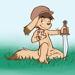 anthro bodily_fluids clothing cum erection genital_fluids genitals green_eyes hat headgear headwear humanoid_genitalia humanoid_penis looking_at_viewer male melee_weapon nude penis shota smile solo sword weapon young young_anthro young_male iztli canid canine canis domestic_dog mammal 1:1 2015 signature