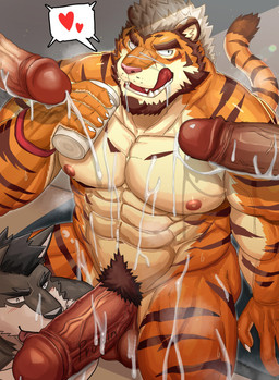 abs anthro balls beard biceps big_penis blush bodily_fluids cum cum_drip cum_inside cum_on_body cum_on_chest cum_on_face cum_string dripping duo erection eye_scar facial_hair facial_scar genital_fluids genitals glans heart_symbol holding_object male male/male muscular muscular_anthro muscular_male nipples nude pecs penis protein_shake pubes scar shaker_bottle speech_bubble tail thick_thighs tongue tongue_out vein veiny_arms veiny_penis miazuma_shouki canid canine canis felid mammal pantherine tiger wolf absurd_res hi_res