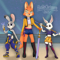anthro boots bottomwear brown_eyes choker clothed clothing cosplay dipstick_ears ear_markings female female/female flat_chested footwear gok-do group holding_knife holding_melee_weapon holding_object holding_sword holding_weapon jacket jewelry knife kpop legwear looking_at_viewer looking_back looking_back_at_viewer melee_weapon midriff multicolored_body multicolored_ears necklace polearm purple_eyes sain-geom shirt shoes shorts simple_background smile sword teamwork thigh_boots thigh_highs throwing_knife topwear trio two_tone_body weapon white_body hatakeclarissarts beastars disney dreamworks kpop_demon_hunters netflix the_bad_guys zootopia diane_foxington haru_(beastars) judy_hopps mira_(kpop_demon_hunters) rumi_(kpop_demon_hunters) zoey_(kpop_demon_hunters) canid canine fox lagomorph leporid mammal rabbit 1:1 2025 crossover digital_drawing_(artwork) digital_media_(artwork)