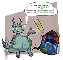 abdominal_bulge anthro belly big_belly bodily_fluids bottomless bottomless_anthro bottomless_male box burping claws clenched_teeth clothed clothing container dialogue digestion digestion_noises duo fangs food fur half-closed_eyes hand_on_belly hat headgear headwear horn internal male narrowed_eyes navel nude nude_anthro nude_male obese obese_anthro obese_male open_mouth overweight overweight_anthro overweight_male pizza pizza_box pizza_slice scales shirt sitting smile soft_vore sound_effects speech_bubble stomach_acid tail tail_motion tailwag teeth text tongue topwear vore wide_eyed awoogasm domino's_pizza european_mythology mythology fan_character canid canine canis dragon mammal mythological_creature mythological_scalie scalie western_dragon wolf 2020 absurd_res hi_res signature