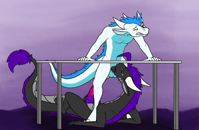anthro balls duo fellatio genitals horn male male/male oral penile penis sex tail tongue under_table sarek_aran_desian mythology cronic sarek_aran_desian_(character) dragon mythological_creature mythological_scalie scalie hi_res
