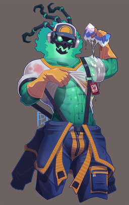 abs clothing gloves green_body handwear latex latex_clothing latex_gloves latex_handwear looking_at_viewer male muscular muscular_male navel not_furry shirt shirt_life simple_background solo sponge standing suspenders topwear wet wet_clothing wet_shirt wet_topwear demikiev league_of_legends riot_games tencent thresh digital_media_(artwork) hi_res