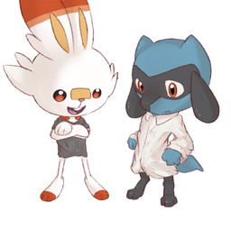 anthro black_ears black_eyes blue_body blue_tail bottomless clothed clothing crossed_arms duo genitals glare grey_clothing grey_markings grey_paws grey_topwear looking_at_viewer looking_confused male male/male markings orange_eyes orange_markings oversized_clothing oversized_topwear penis penis_poking_out plaster_(material) poking_penis shirt shirt_only shy simple_background smile tail topwear topwear_only white_background white_body white_clothing white_ears white_shirt white_topwear loki0798 nintendo pokemon generation_4_pokemon generation_8_pokemon lagomorph leporid mammal pokemon_(species) rabbit riolu scorbunny hi_res