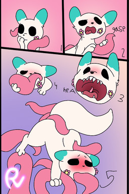 anthro black_eyes blue_ears blush feral flower fur lifted male narrowed_eyes pink_flowers plant purple_background raised_tail red_face simple_background squint tail tentacles white_body white_hands white_tail passey_voppy rain_world videocult passey slugcat 2:3 comic