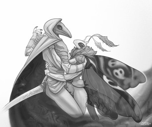 4_arms ambiguous_gender antennae_(anatomy) anthro armor biped bottomless bottomless_female claws cloak clothed clothing crotch_tuft dancing duo empty_eyes eye_contact featureless_crotch female holding_another insect_wings lepidopteran_wings looking_at_another mask multi_arm multi_limb neck_tuft romantic romantic_ambiance side_view simple_background size_difference standing tail tuft white_background wings tertia_decima oya_moonwalker_(froja_blake) treize_(danjil_olivaw) arthropod insect komodo_dragon lepidopteran lizard monitor_lizard moth reptile scalie 2023 dated digital_media_(artwork) greyscale hi_res monochrome portrait shaded signature three-quarter_portrait