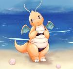 beach bikini black_bikini black_clothing black_swimwear blush claws clothing looking_away nervous outside sea seashell seaside shell sky solo standing swimwear two-piece_swimsuit water wet wings yellow_body yellow_skin mei_(artist) nintendo pokemon dragonite generation_1_pokemon pokemon_(species) 2014