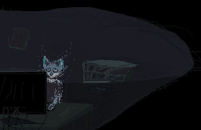 anthro black_clothing black_shirt black_t-shirt black_topwear blue_body blue_fur blue_nose clothed clothed_male clothing computer desktop detailed_background electronics fur furniture inside male shirt solo t-shirt table topwear demensa emil_(demensa) canid canine canis coyote mammal 2017 digital_media_(artwork) pixel_(artwork)