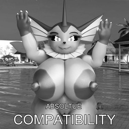 4_fingers anthro anthrofied areola big_breasts breasts female fingers genitals huge_breasts nipples nude nude_anthro nude_female pokemorph poolside swimming_pool text vulva elitedog absolute_cinema nintendo pokemon vaporeon_copypasta eeveelution generation_1_pokemon mammal pokemon_(species) vaporeon 1:1 3d_(artwork) digital_media_(artwork) english_text hi_res meme monochrome url