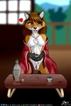 alcohol anthro asian_clothing beverage blurred_background blush brown_hair chashitsu chest_tuft clothed clothing container cork cup east_asian_clothing eyelashes eyelashes_through_hair fangs female fluffy_chest freckles furniture genitals hair happy heart_symbol holding_beverage holding_object japanese_clothing jewelry kimono kneeling looking_at_viewer necklace open_clothing open_mouth open_robe orange_eyes pendant pubes pussy red_hair rice_wine robe sake sharp_teeth sitting solo stoneware table tea_room teeth text translucent translucent_hair tuft undressing aistarin jodi_(aistarin) canid canine fox mammal red_fox true_fox 2:3 absurd_res hi_res url