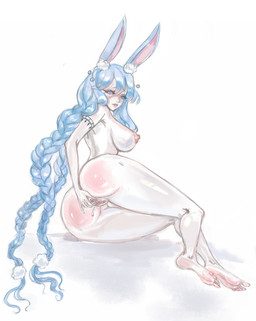 big_breasts blue_eyes blue_hair blush bodily_fluids breasts butt feet female genital_fluids genitals hair masturbation nipples solo vaginal_fluids vulva tsu69 animal_humanoid hare humanoid lagomorph leporid mammal rabbit