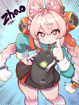 accessory anthro blush bottomwear bow_(feature) bow_accessory bow_ribbon braided_hair clothed clothing ear_piercing eyebrows eyelashes female fingers fur hair hair_accessory hair_bow hair_ribbon inner_ear_fluff long_hair looking_at_viewer piercing pink_body pink_fur pink_hair red_eyes ribbons simple_background skirt solo text tuft young xeppir mihoyo zenless_zone_zero zhao lagomorph leporid mammal rabbit thiren 2025 english_text hi_res signature