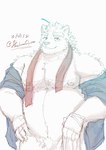 anthro belly clothed clothing humanoid_hands kemono male moobs necktie nipples open_clothing open_shirt open_topwear overweight overweight_male shirt simple_background solo topwear white_background hachura knights_college paul_pfitzner bear mammal polar_bear ursine 2021 hi_res sketch