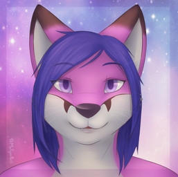 ambiguous_gender anthro blue_hair countershading cute_fangs fangs fur hair looking_at_viewer pink_body pink_fur purple_eyes solo teeth mytigertail canid canine fox mammal 2015 signature