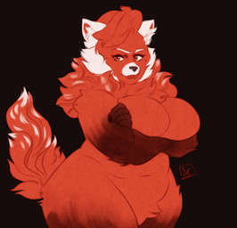 anthro big_breasts black_background black_nose breasts brown_body brown_fur cheek_tuft crossed_arms crotch_tuft eyelashes facial_tuft female front_view fur gloves_(marking) head_tuft huge_breasts inner_ear_fluff looking_at_viewer markings mole_(marking) mole_under_eye navel neck_tuft orange_eyes red_body red_fur simple_background solo thick_thighs tuft white_body white_fur wide_hips darkriallet disney pixar turning_red ming_lee_(turning_red) ailurid mammal red_panda absurd_res hi_res