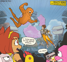 abs anthro backpack brown_body brown_hair electronics eyebrows eyelashes eyes_closed eyewear female fight fist goggles group hair holding_object holding_phone in_the_air light-skinned_female machine male muscular muscular_anthro muscular_arms muscular_male open_mouth phone pink_body purple_eyes smile smiling_at_another video_game_background youtube_logo youtube_thumbnail outrage_mk2 blizzard_entertainment epic_games fortnite gameoverse glitch_productions image_comics invincible_(image_comics) overwatch youtube gobbles_(gameoverse) kaboodle_(gameoverse) kit_bodega tracer_(overwatch) tung_tung_tung_sahur animate_inanimate dinosaur domestic_cat felid feline felis human mammal prehistoric_species reptile robot scalie wood_creature absurd_res crossover hi_res meme