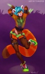 anthro biped blue_hair clothed clothing crossdressing erection femboy fishnet_clothing footwear fur genitals glowstick glowsticking hair happy humanoid_genitalia humanoid_penis legwear male open_mouth orange_body orange_fur penis penis_poking_out rave shoes simple_background solo stockings tail text tokifuji ailurid mammal red_panda 2011