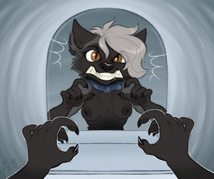 5_fingers angry anthro areola black_areola black_body black_claws black_fur black_nipples black_nose breasts claws collar collar_only eyelashes fangs female female_pov fingers first_person_view fur grey_body grey_fur grey_hair hair mirror mirror_reflection nipples nude pupils reflection slit_pupils small_breasts solo teeth mimi-fox canid canine fox mammal red_fox silver_fox true_fox colored colored_sketch digital_drawing_(artwork) digital_media_(artwork) hi_res shaded sketch