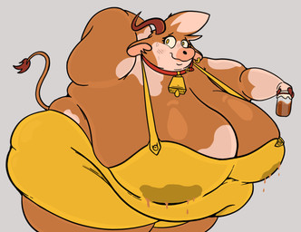 anthro bell bell_collar belly beverage big_belly big_breasts bodily_fluids breasts brown_body brown_fur candy chocolate chocolate_milk cleavage clothed clothing collar dessert ear_piercing fat_arms female flavored_milk food fur grey_background hair hand_behind_head holding_beverage holding_milk_bottle holding_object huge_breasts lactating lactating_through_clothing looking_at_viewer love_handles milk nervous nervous_smile obese obese_anthro obese_female overalls overweight overweight_anthro overweight_female piercing shortalls simple_background smile solo standing sweat sweatdrop three-quarter_view wet wet_clothing yellow_eyes bellbites bovid bovine cattle mammal 2025 digital_media_(artwork) portrait three-quarter_portrait