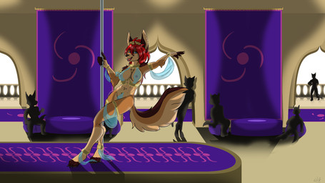 anthro banner black_body black_fur breasts brown_body brown_fur clothed clothing crown dancing ear_piercing ear_ring exposure_variation female front_view fur hair harem_outfit headgear headwear looking_at_viewer multicolored_body multicolored_fur navel navel_piercing nipples piercing pole red_hair ring_piercing silhouette skimpy solo stage stripper_pole tongue tongue_piercing translucent translucent_clothing two_tone_body two_tone_fur furraleti ayn_(fluff-kevlar) black-backed_jackal canid canine canis jackal mammal 2020 digital_media_(artwork) hi_res