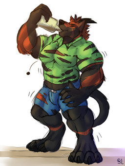 anthro black_body black_fur black_horn black_nose blue_bottomwear blue_clothing blue_shorts bottle bottomwear bulge clothed clothing container drinking eyes_closed fur green_clothing green_shirt green_t-shirt green_topwear hand_on_hip holding_bottle holding_container holding_object horn male male_anthro muscular muscular_anthro muscular_male orange_body orange_fur shirt shorts solo standing t-shirt topwear torn_bottomwear torn_clothing torn_shirt torn_shorts torn_t-shirt torn_topwear solaxe_(artist) canid canine mammal 3:4