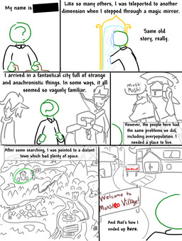 dialogue ?_face group hotel map mirror not_furry text the_weaver monstro_village anon elf equid equine horse human humanoid mammal 2013 comic english_text monochrome