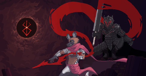 anthro armor bandage blood bodily_fluids cape clothing cloud crouching duo female hooped_earrings male melee_weapon sword symbol weapon jowoc_art berserk berserk_(series) sang:_the_desert_blade guts_(berserk) sang_(sang:_the_desert_blade) african_wild_dog canid canine human mammal animated hi_res short_playtime