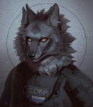 anthro black_nose blue_pupils clothed clothing fur glistening glistening_eyes grey_body grey_clothing grey_ears grey_fur grey_inner_ear_fluff grey_topwear head_tuft inner_ear_fluff male mouth_closed orange_eyes police police_uniform pupils russian_flag simple_background solo topwear tuft uniform marie_merkh canid canine canis mammal wolf artist_name bust_portrait hi_res portrait