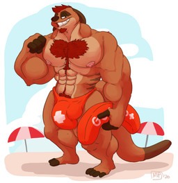 4_fingers 4_toes abs anthro anthrofied areola back_stripes balls_outline barazoku beach beard biceps big_bulge big_muscles big_pecs biped body_hair brown_body brown_ears brown_fur brown_nose brown_stripes bulge chest_hair clothed clothed_anthro clothed_male clothing cloud countershade_face countershade_fur countershade_neck countershade_torso countershading day deltoids detailed_background detailed_bulge dipstick_tail facial_hair feet fingerless_(marking) fingers fist flotation_device fur genital_outline grin grinning_at_viewer hair happy_trail holding_object huge_bulge huge_muscles humanoid_hands lifeguard looking_at_viewer male male_anthro manly markings multicolored_body multicolored_fur muscular muscular_anthro muscular_arms muscular_male narrowed_eyes nipples outside pecs penis_outline pink_areola pink_nipples plantigrade pubes red_beard red_body_hair red_clothing red_facial_hair red_hair red_pubes red_speedo red_swimwear sand sky smile smiling_at_viewer solo speedo speedo_only standing striped_back striped_body striped_fur stripes sunshade swimwear tail tail_markings tan_body tan_countershading tan_fur toeless_(marking) toes topless topless_anthro topless_male trapezius triceps maxpany disney the_lion_king timon herpestid mammal meerkat 2020 absurd_res digital_drawing_(artwork) digital_media_(artwork) full-length_portrait hi_res portrait shaded signature