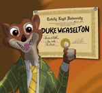 anthro certificate clothed clothing gesture hand_gesture male red_eyes smile solo suit text thumbs_up conditional_dnp giftheck disney zootopia duke_weaselton mammal mustelid musteline true_musteline weasel english_text hi_res