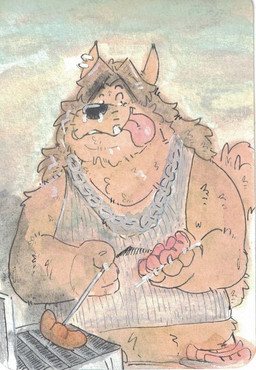 anthro barbecue belly big_belly brown_body brown_eyes brown_fur brown_hair chain chain_necklace claws clothing dot_eyes ear_piercing facial_piercing fangs fluffy food fur hair jewelry long_hair male meat moobs multicolored_body musclegut muscular navel neck_tuft necklace nose_piercing overweight overweight_anthro overweight_male piercing sausage shirt simple_eyes solo tank_top teeth tongue tongue_out topwear tuft two_tone_body whiskers white_claws baltimo hyke_(hykewolffen) hykewolffen canid canine canis mammal wolf painting_(artwork) watercolor_(artwork)