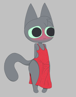 anthro blush clothed clothing crossdressing dress embarrassed erection erection_under_clothing green_eyes grey_background grey_body looking_away male red_clothing red_dress simple_background slit_dress solo gooblie_2 isaac_(gooblie_ii) domestic_cat felid feline felis mammal absurd_res digital_media_(artwork) hi_res