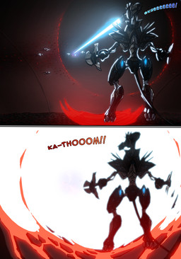 explosion laser_cannon machine mecha outside solo text kitfox-crimson in_our_shadow robot absurd_res comic english_text hi_res