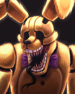 2_rows_of_teeth ambiguous_gender anthro bow_tie button_(fastener) creepy empty_eyes forked_tongue machine purple_bow_tie sharp_teeth solo teeth tongue tongue_out yellow_body spookyshape five_nights_at_freddy's into_the_pit scottgames spring_bonnie_(fnaf) animatronic lagomorph leporid mammal rabbit robot 2025 4:5 digital_media_(artwork) hi_res