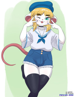 absolute_territory anthro beret black_claws black_clothing black_legwear black_stockings blep blonde_hair blue_ascot blue_bottomwear blue_clothing blue_eyes blue_hat blue_headwear blue_shorts bottomwear bulge choker claws clothing femboy finger_claws hair half-closed_eyes hat headgear headwear jewelry legwear male narrowed_eyes necklace on_one_leg one_eye_closed pink_inner_ear pupils sailor_shirt shirt shorts solo standing stockings tongue tongue_out topwear white_clothing white_shirt white_topwear mr-shin marvin_(mr-shin) mammal mouse murid murine rodent 2026 hi_res