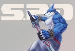 abs anthro biceps biped blue_body blue_fur fur holding_melee_weapon holding_object holding_sword holding_weapon male melee_weapon multicolored_body multicolored_fur muscular muscular_anthro muscular_male pecs red_eyes simple_background solo sword triceps two_tone_body two_tone_fur weapon white_body white_fur kurehusadragon power_rangers tokusou_sentai_dekaranger doggie_kruger canid canine canis domestic_dog mammal hi_res