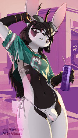 anthro beverage biped black_body black_fur black_hair bulge clothed clothed_anthro clothed_male clothing eyewear eyewear_on_head femboy fur hair holding_beverage holding_object looking_at_viewer male male_anthro multicolored_body multicolored_fur navel pink_inner_ear solo standing sunglasses sunglasses_on_head wearing_sunglasses white_body white_ears white_fur feliscede grand_theft_auto gta_vi_cover_girl rockstar_games lagomorph leporid mammal rabbit 2026 4k 9:16 absurd_res hi_res