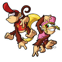 5_toes banana barefoot blonde_hair brown_body brown_fur clothing duo ear_piercing feet female food fruit fur green_eyes hair hat headgear headwear jewelry long_hair male piercing plant ponytail smile soles toes spectrestatus donkey_kong_(series) nintendo diddy_kong dixie_kong haplorhine mammal monkey primate 1:1