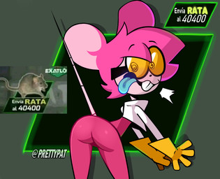 anthro blue_tongue butt clothing eyewear female glasses gloves hair handwear jacket latex latex_clothing latex_gloves latex_handwear mouse_tail pink_body pink_clothing pink_ears pink_hair solo tail teeth tongue tongue_out topwear white_clothing white_jacket white_topwear la_tiapat muffin_(goommymuffin) mammal mouse murid murine rodent absurd_res hi_res