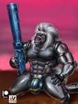 abs anthro bridle cybernetic_arm cybernetic_limb cybernetics grey_body gun hair kneeling machine male muscular muscular_anthro muscular_male ranged_weapon solo weapon white_hair nexus bravestarr thirty_thirty cyborg equid equine horse mammal hi_res