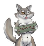 anthro black_nose blep breast_squish breasts brown_body brown_fur doing_it_wrong exclamation_point featureless_crotch female fur grey_body grey_fur multicolored_body multicolored_fur navel nude one_eye_closed orange_eyes simple_background solo squish text tongue tongue_out white_background white_body white_fur wink yellow_eyes schmutzo protasia canid canine canis mammal wolf 2021 english_text hi_res portrait three-quarter_portrait