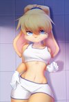 2020 anthro blonde_hair blue_eyes bottomwear bra breasts cheek_tuft clothed clothing crop_top facial_tuft female fully_clothed fur hair hi_res lagomorph leporid lola_bunny looking_at_viewer looney_tunes mammal midriff navel rabbit shirt shorts solo sports_bra standing topwear tuft underwear vallshad warner_brothers yellow_body yellow_fur