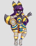 3_toes 4_fingers anthro big_breasts black_body black_eyes black_fur breasts cosplay crossover_cosplay eyewear feet female fingers fur glasses gold_(metal) gold_jewelry hair jewelry long_hair looking_at_viewer midnight_bliss nerd purple_hair red_sclera simple_background solo thick_thighs toes wide_hips mintyspirit capcom darkstalkers nintendo pokemon anakaris luneiumbreon_(mintyspirit) eeveelution generation_2_pokemon mummy pokemon_(species) reptile scalie snake umbreon undead 2023 crossover digital_media_(artwork) hi_res