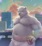 anthro belly big_belly building can container detailed_background eyewear fur glasses humanoid_hands kemono male moobs navel nipples outside overweight overweight_male smoking solo towel white_body white_fur guadr lifewonders tokyo_afterschool_summoners leib_(tas) bear mammal polar_bear ursine 2023 absurd_res hi_res